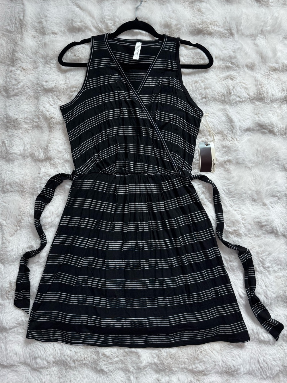 Loveappella Black & White Striped Faux Wrap Mini Dress